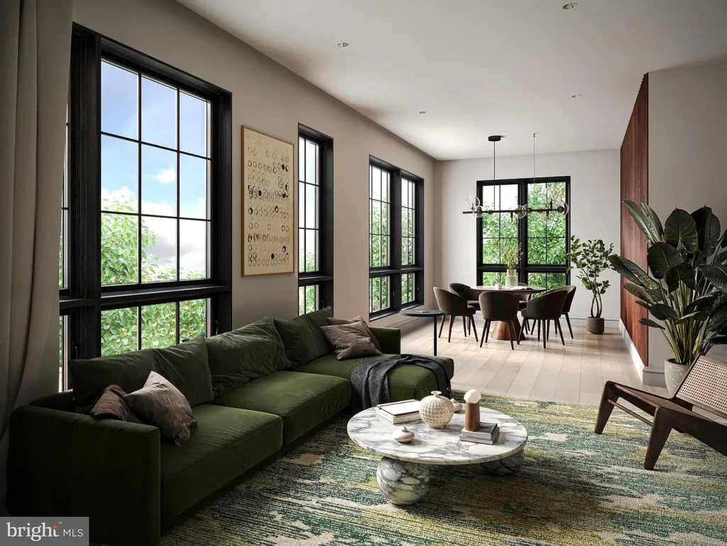 rendering of living room with green sectional and large windows